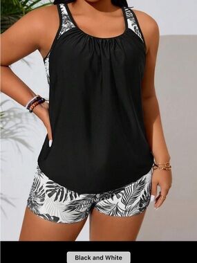 Black and Tropical Print tankini Swimsuit